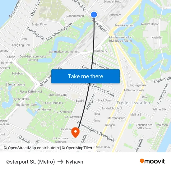 Østerport St. (Metro) to Nyhavn map