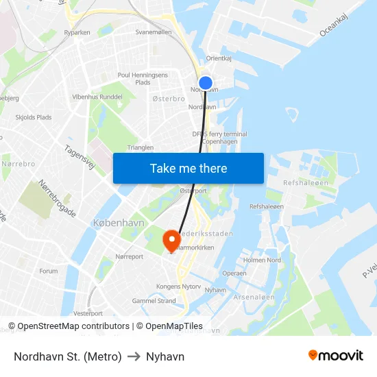 Nordhavn St. (Metro) to Nyhavn map