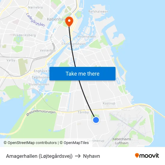 Amagerhallen (Løjtegårdsvej) to Nyhavn map