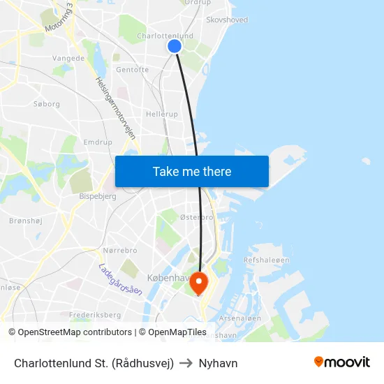 Charlottenlund St. (Rådhusvej) to Nyhavn map