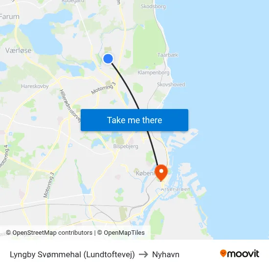 Lyngby Svømmehal (Lundtoftevej) to Nyhavn map