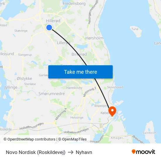 Novo Nordisk (Roskildevej) to Nyhavn map