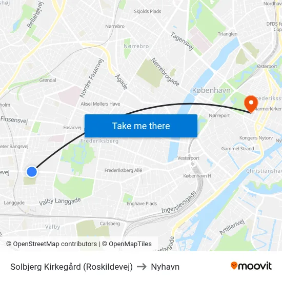 Solbjerg Kirkegård (Roskildevej) to Nyhavn map