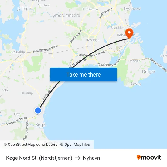 Køge Nord St. (Nordstjernen) to Nyhavn map