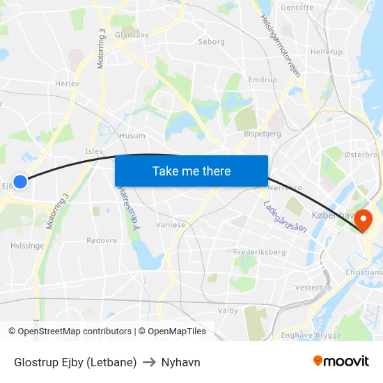 Glostrup Ejby (Letbane) to Nyhavn map