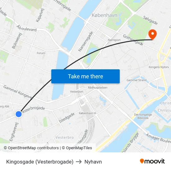 Kingosgade (Vesterbrogade) to Nyhavn map