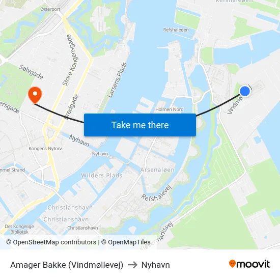 Amager Bakke (Vindmøllevej) to Nyhavn map