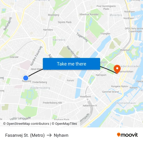 Fasanvej St. (Metro) to Nyhavn map