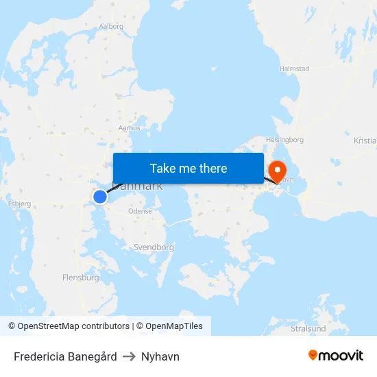Fredericia Banegård to Nyhavn map