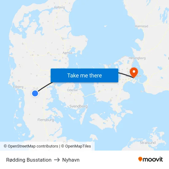 Rødding Busstation to Nyhavn map