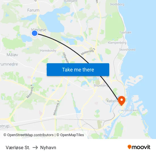 Værløse St. to Nyhavn map