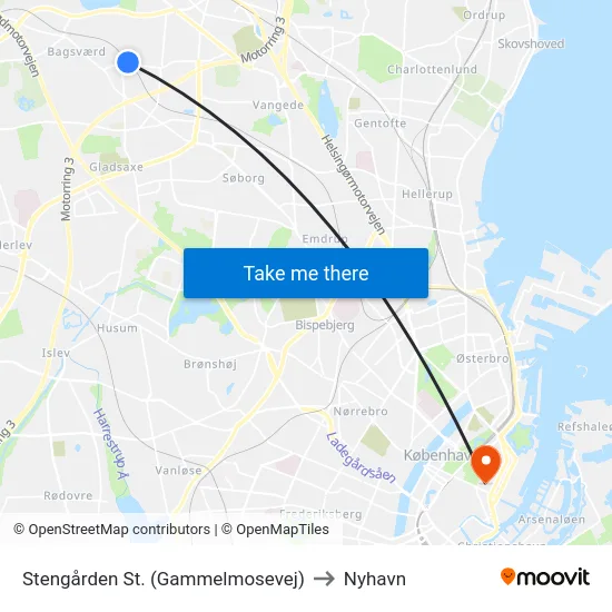 Stengården St. (Gammelmosevej) to Nyhavn map