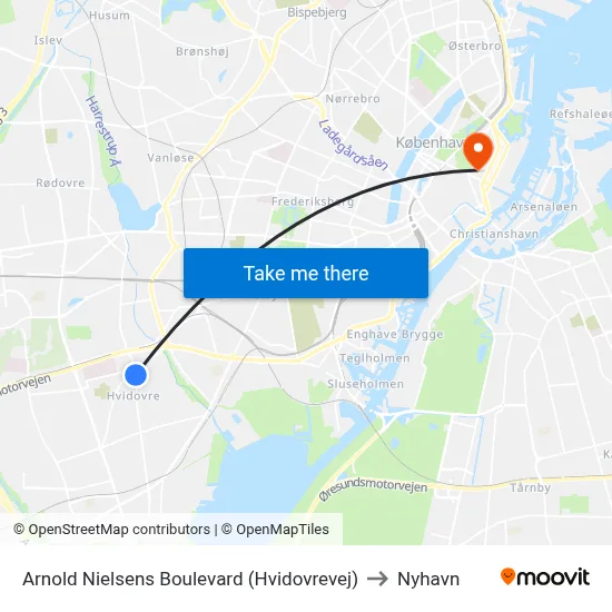 Arnold Nielsens Boulevard (Hvidovrevej) to Nyhavn map
