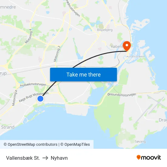 Vallensbæk St. to Nyhavn map