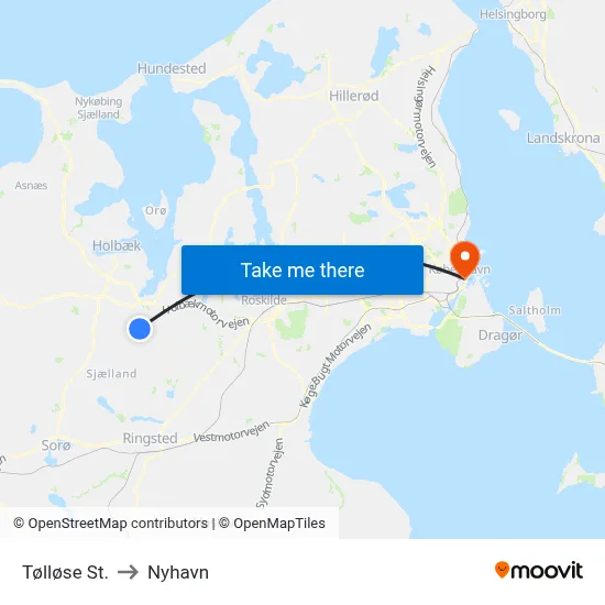Tølløse St. to Nyhavn map
