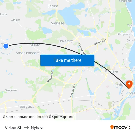 Veksø St. to Nyhavn map