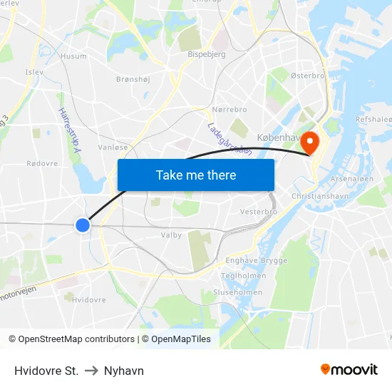 Hvidovre St. to Nyhavn map
