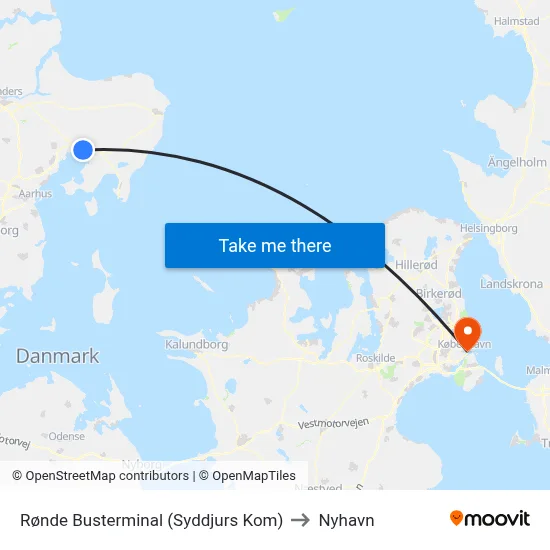 Rønde Busterminal (Syddjurs Kom) to Nyhavn map