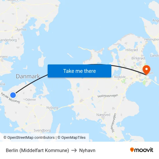 Berlin (Middelfart Kommune) to Nyhavn map