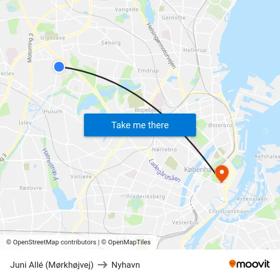 Juni Allé (Mørkhøjvej) to Nyhavn map