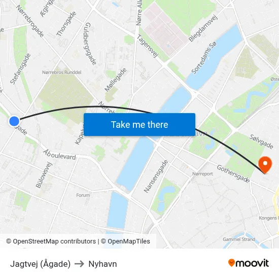 Jagtvej (Ågade) to Nyhavn map