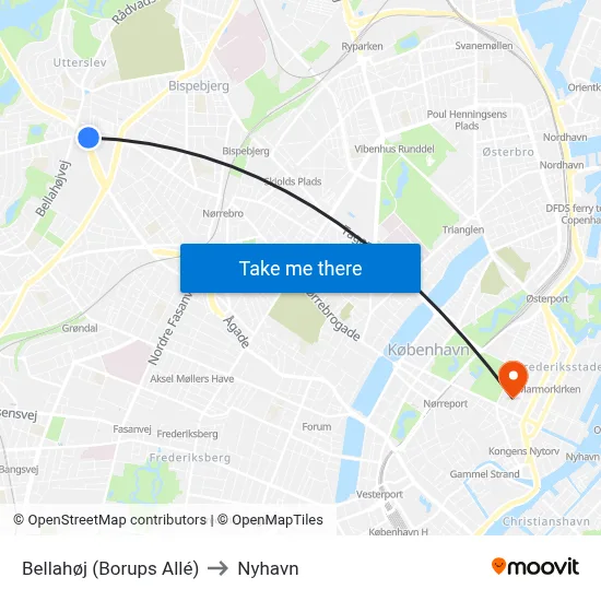 Bellahøj (Borups Allé) to Nyhavn map