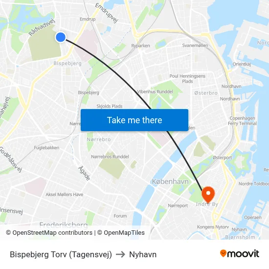 Bispebjerg Torv (Tagensvej) to Nyhavn map