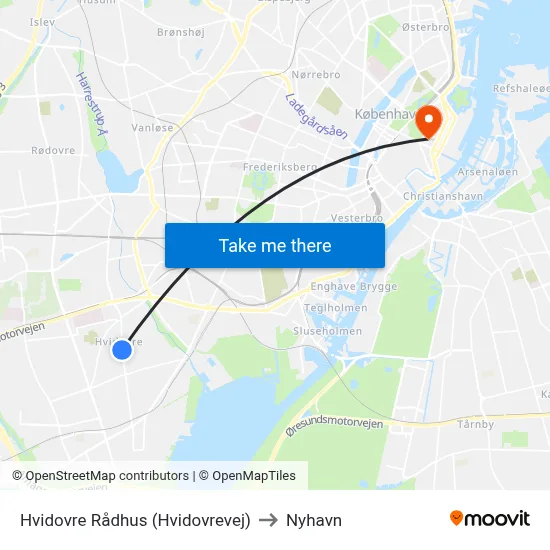 Hvidovre Rådhus (Hvidovrevej) to Nyhavn map