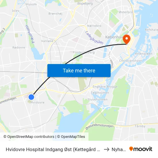 Hvidovre Hospital Indgang Øst (Kettegård Allé) to Nyhavn map