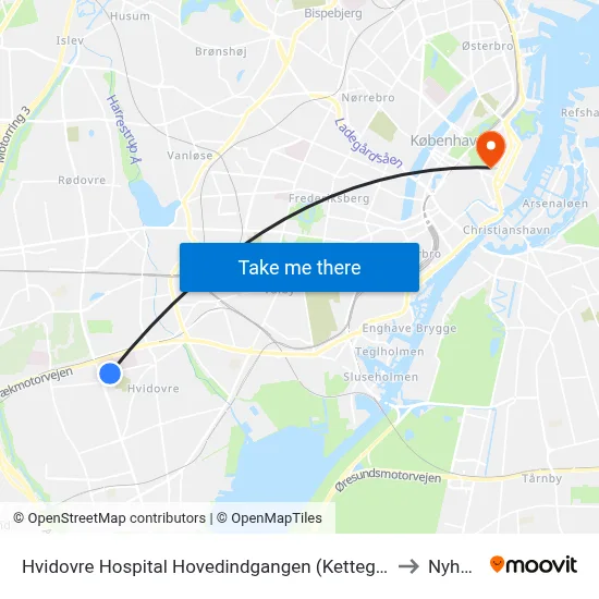 Hvidovre Hospital Hovedindgangen (Kettegård Allé) to Nyhavn map