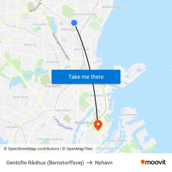 Gentofte Rådhus (Bernstorffsvej) to Nyhavn map