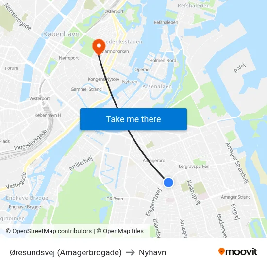 Øresundsvej (Amagerbrogade) to Nyhavn map