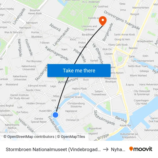 Stormbroen Nationalmuseet (Vindebrogade) to Nyhavn map