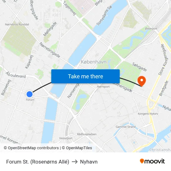 Forum St. (Rosenørns Allé) to Nyhavn map