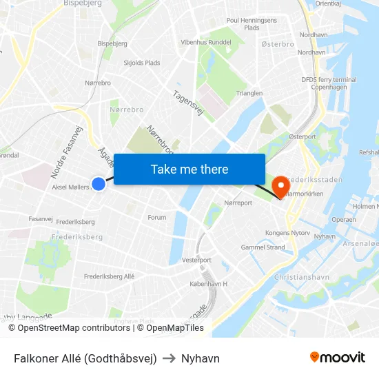Falkoner Allé (Godthåbsvej) to Nyhavn map