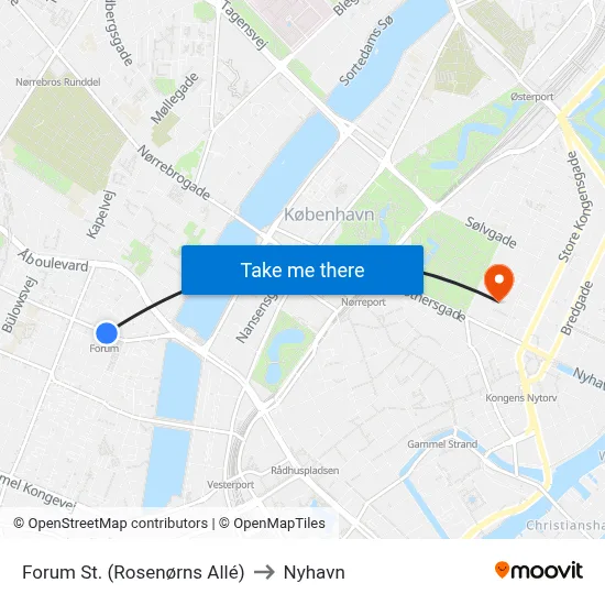 Forum St. (Rosenørns Allé) to Nyhavn map