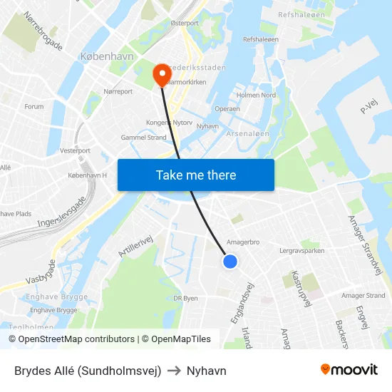 Brydes Allé (Sundholmsvej) to Nyhavn map