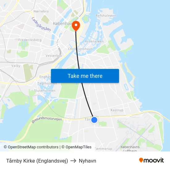 Tårnby Kirke (Englandsvej) to Nyhavn map