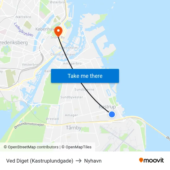 Ved Diget (Kastruplundgade) to Nyhavn map