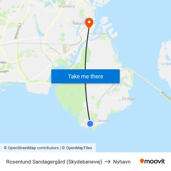 Rosenlund Sandagergård (Skydebanevej) to Nyhavn map