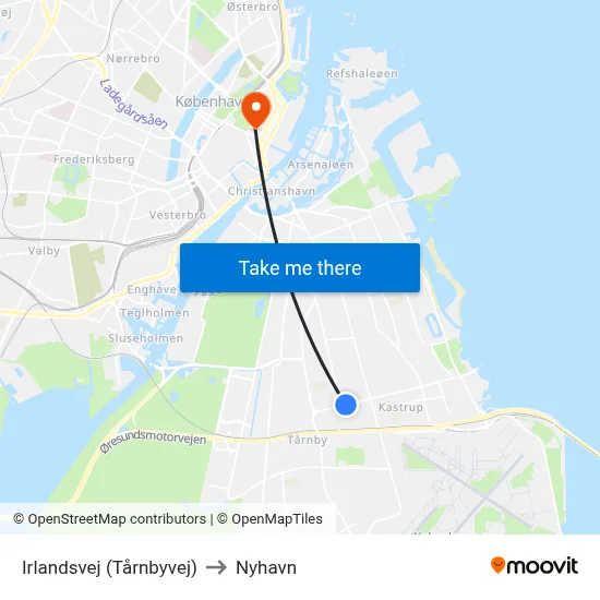Irlandsvej (Tårnbyvej) to Nyhavn map