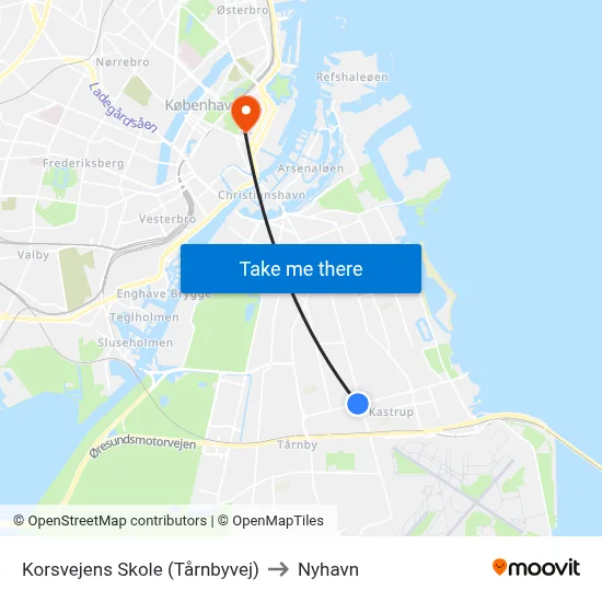 Korsvejens Skole (Tårnbyvej) to Nyhavn map