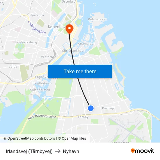 Irlandsvej (Tårnbyvej) to Nyhavn map