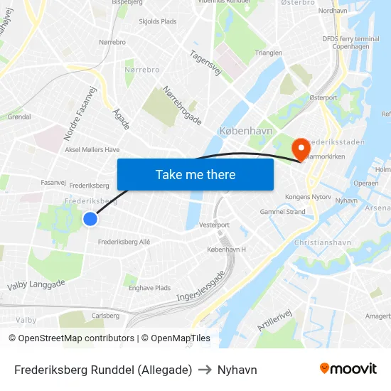 Frederiksberg Runddel (Allegade) to Nyhavn map