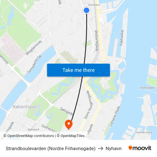 Strandboulevarden (Nordre Frihavnsgade) to Nyhavn map