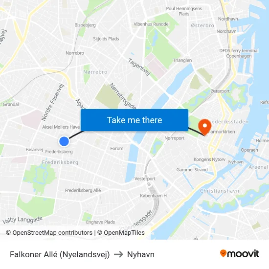 Falkoner Allé (Nyelandsvej) to Nyhavn map
