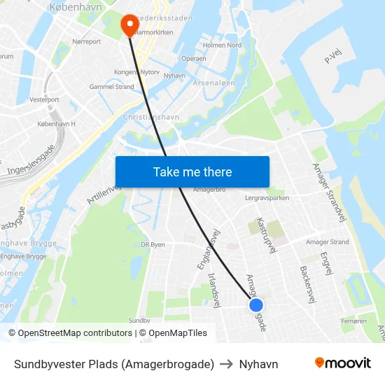 Sundbyvester Plads (Amagerbrogade) to Nyhavn map