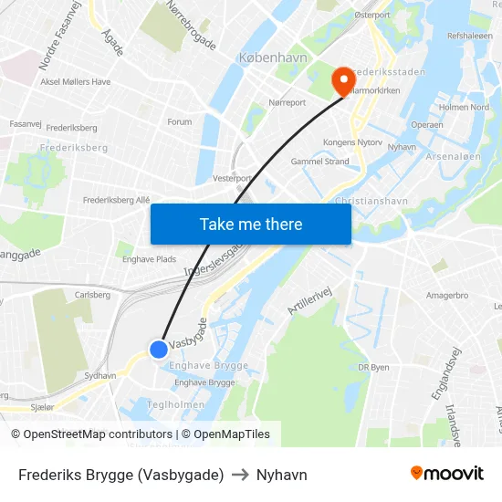 Frederiks Brygge (Vasbygade) to Nyhavn map