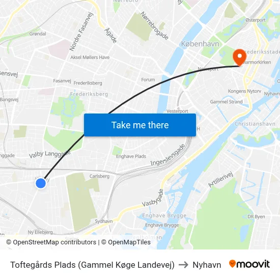 Toftegårds Plads (Gammel Køge Landevej) to Nyhavn map