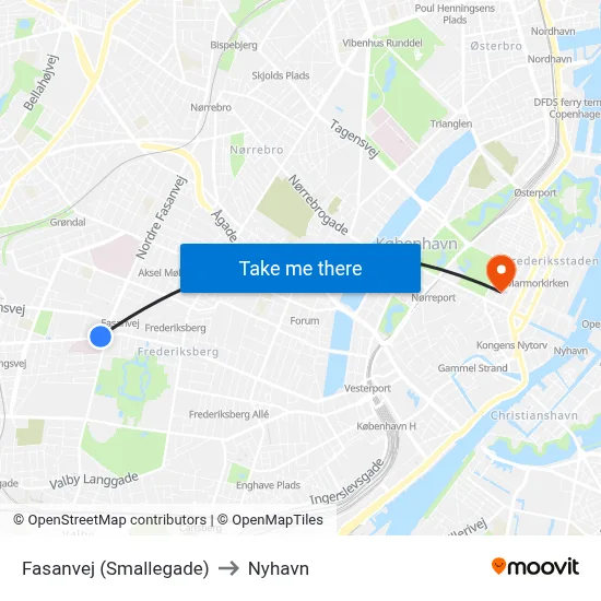 Fasanvej (Smallegade) to Nyhavn map